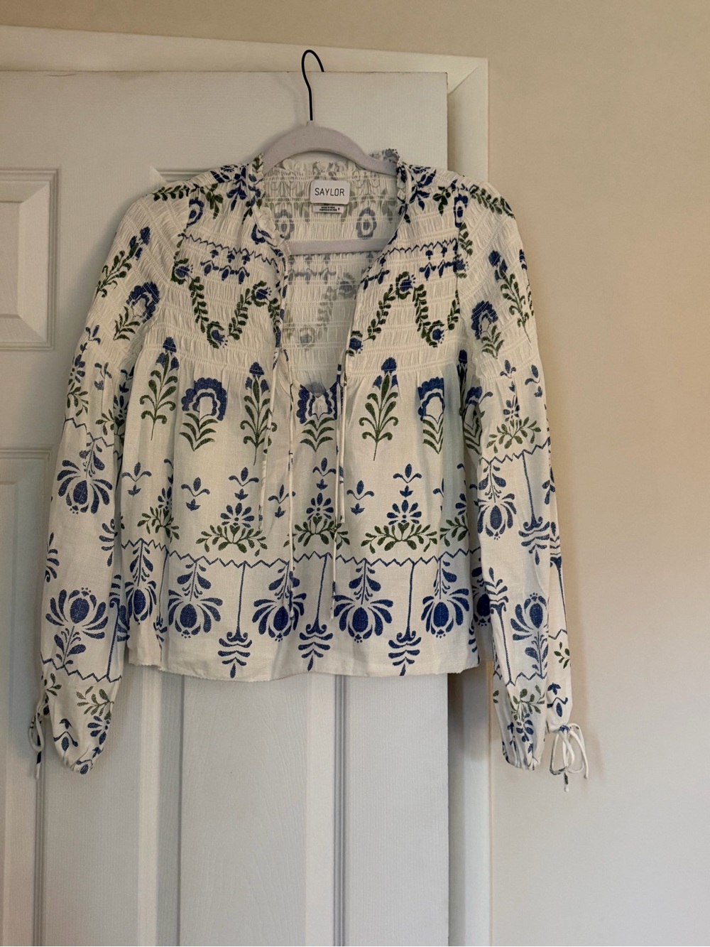 SAYLOR White Blouse with Blue & Green Embroidery